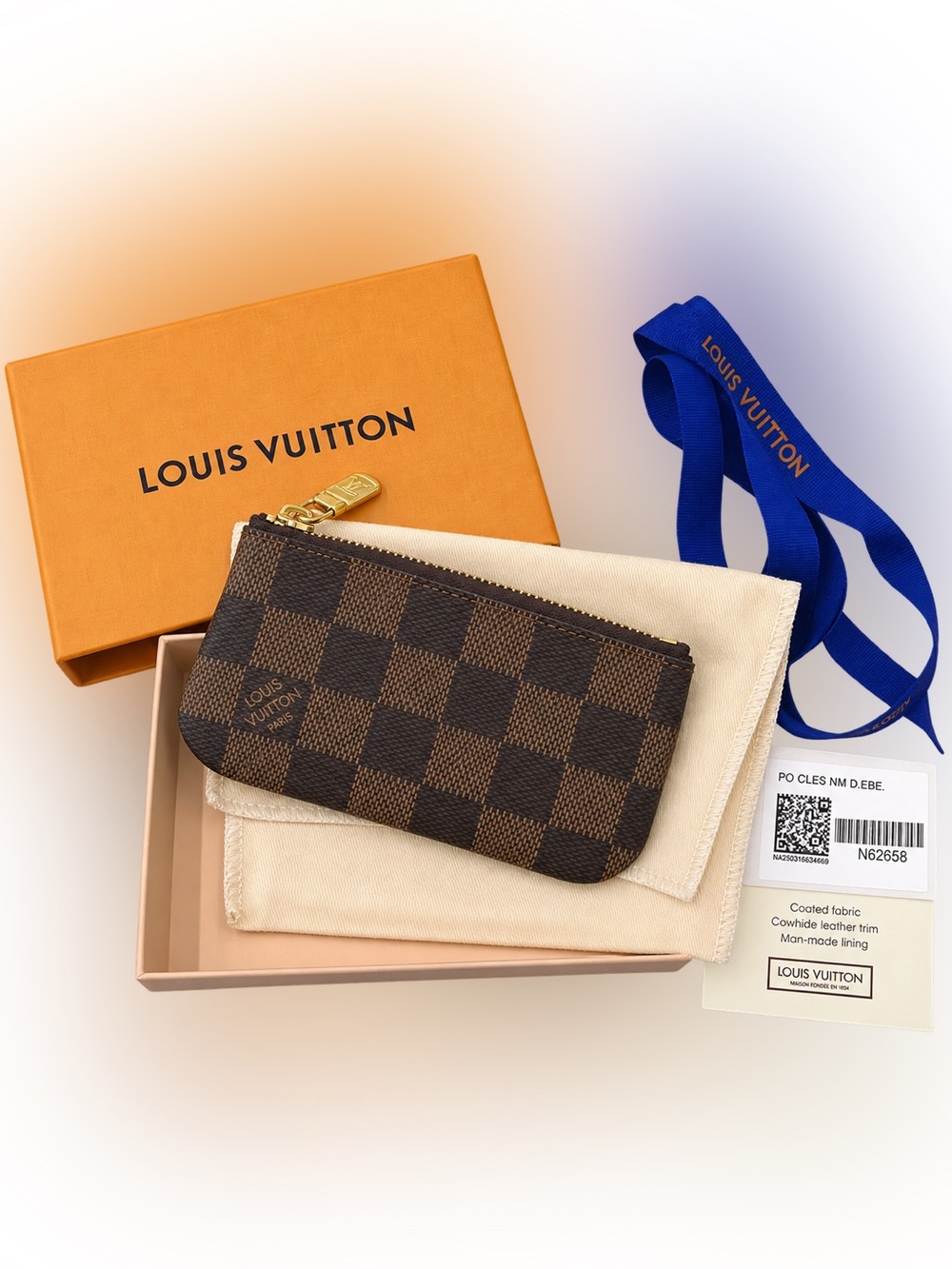 Authentic Louis Vuitton Damier Ebene Key Pouch Pochette Cles N62658 New in Box